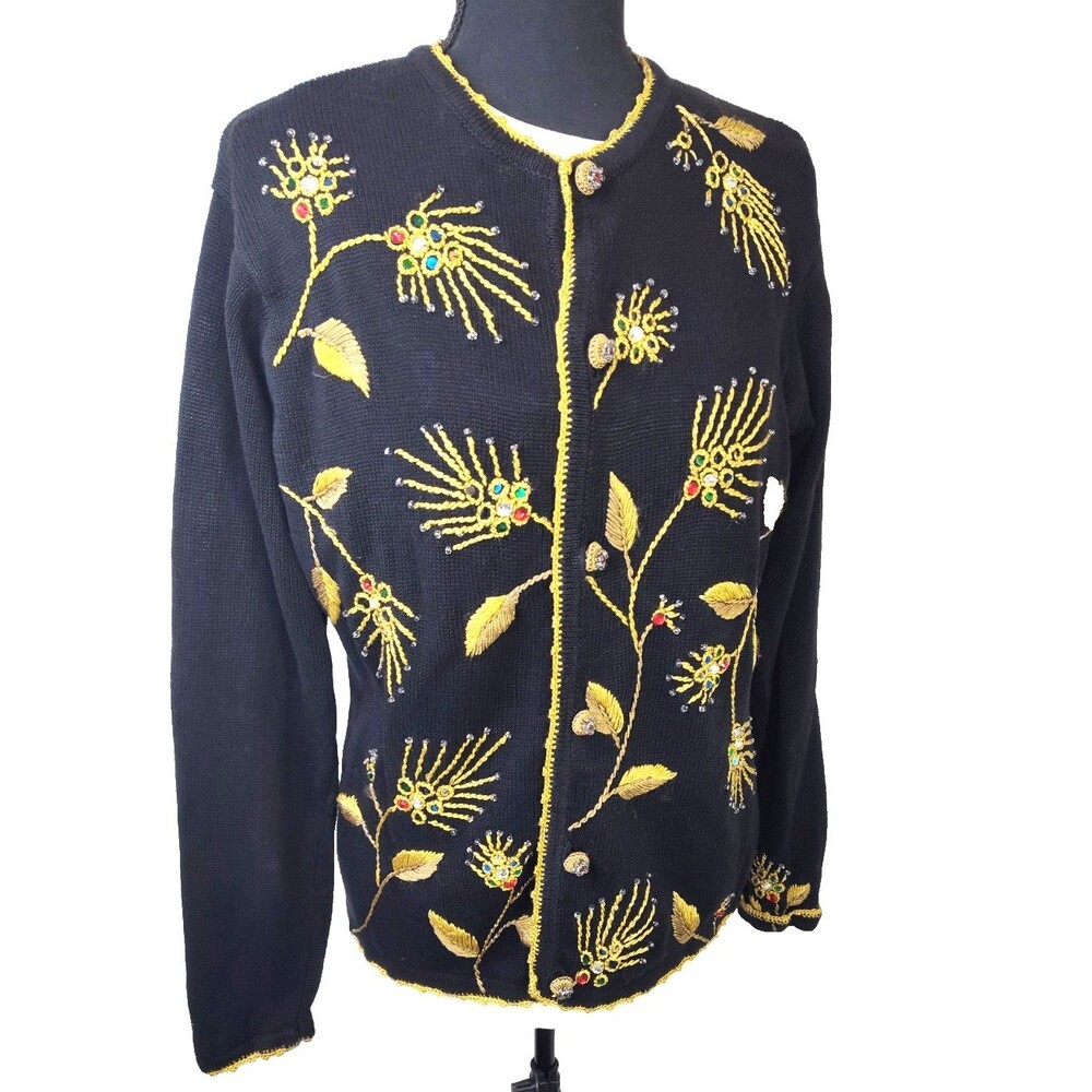 VTG 90s Black Cardigan Sweater Gold Thread Embroidered Leaf Beads Rhinestones M